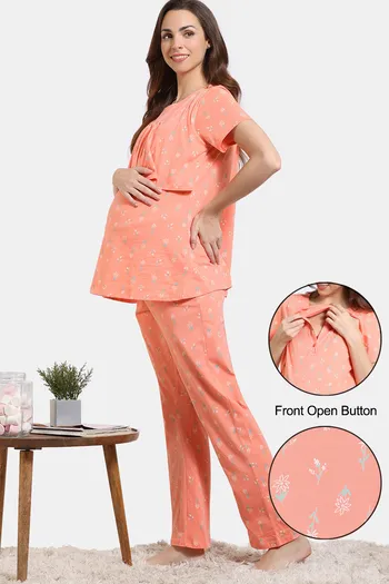 Buy Zivame Maternity Scribbled Meadows Knit Cotton Pyjama Set - Desert Flower